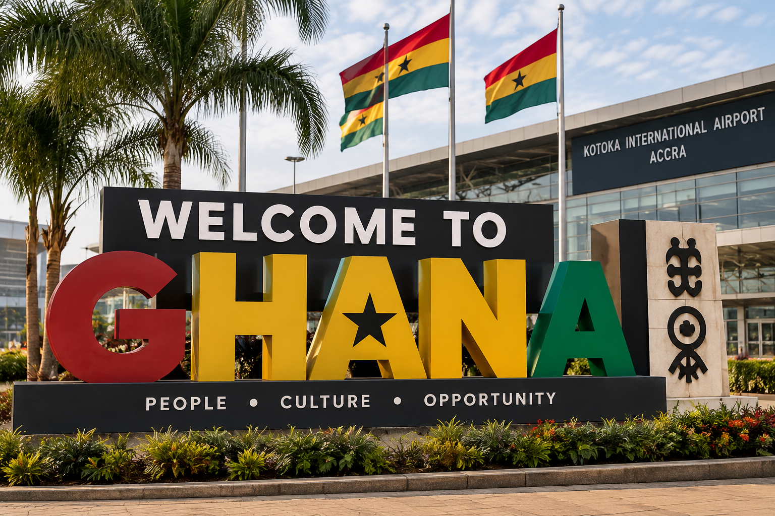 Welcome to Ghana sign at Kotoka International Airport in Accra