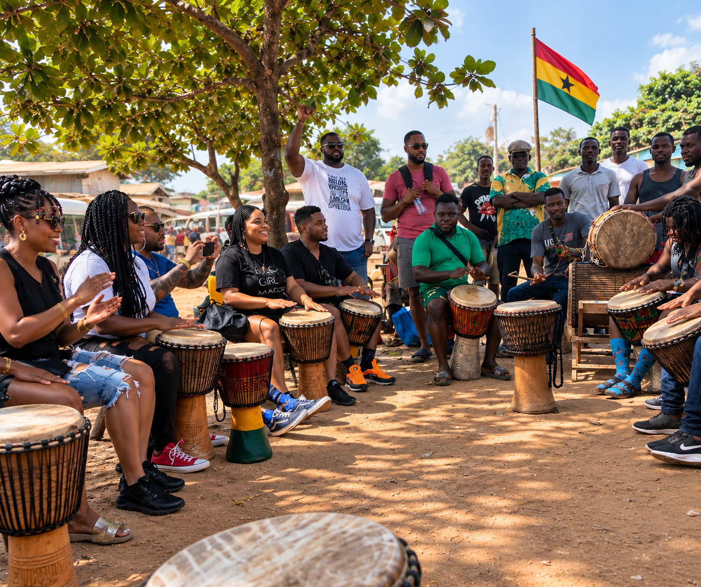 BATW group learning to drum together outdoors in Ghana