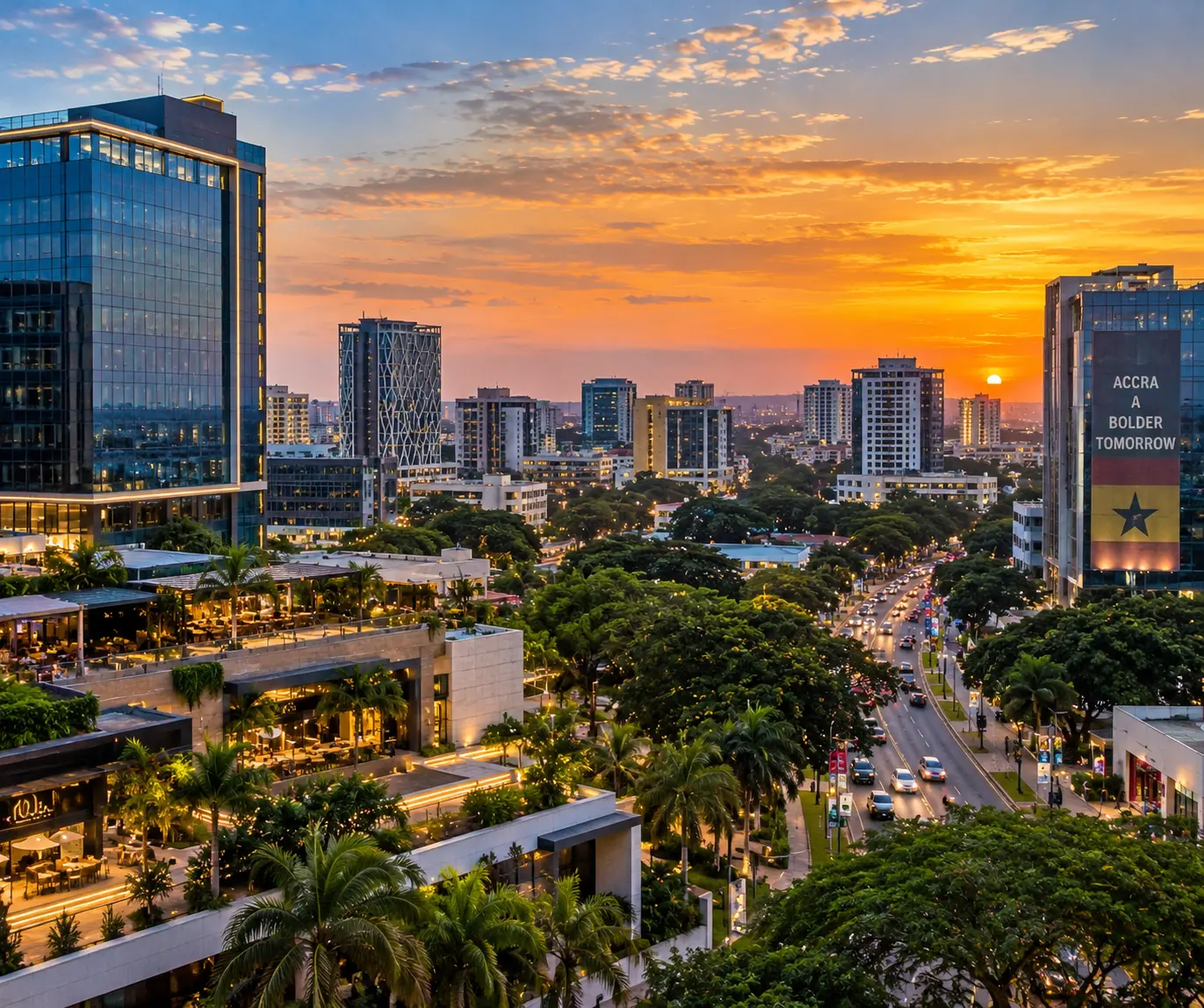 Accra skyline at sunset with modern buildings and the Ghana flag