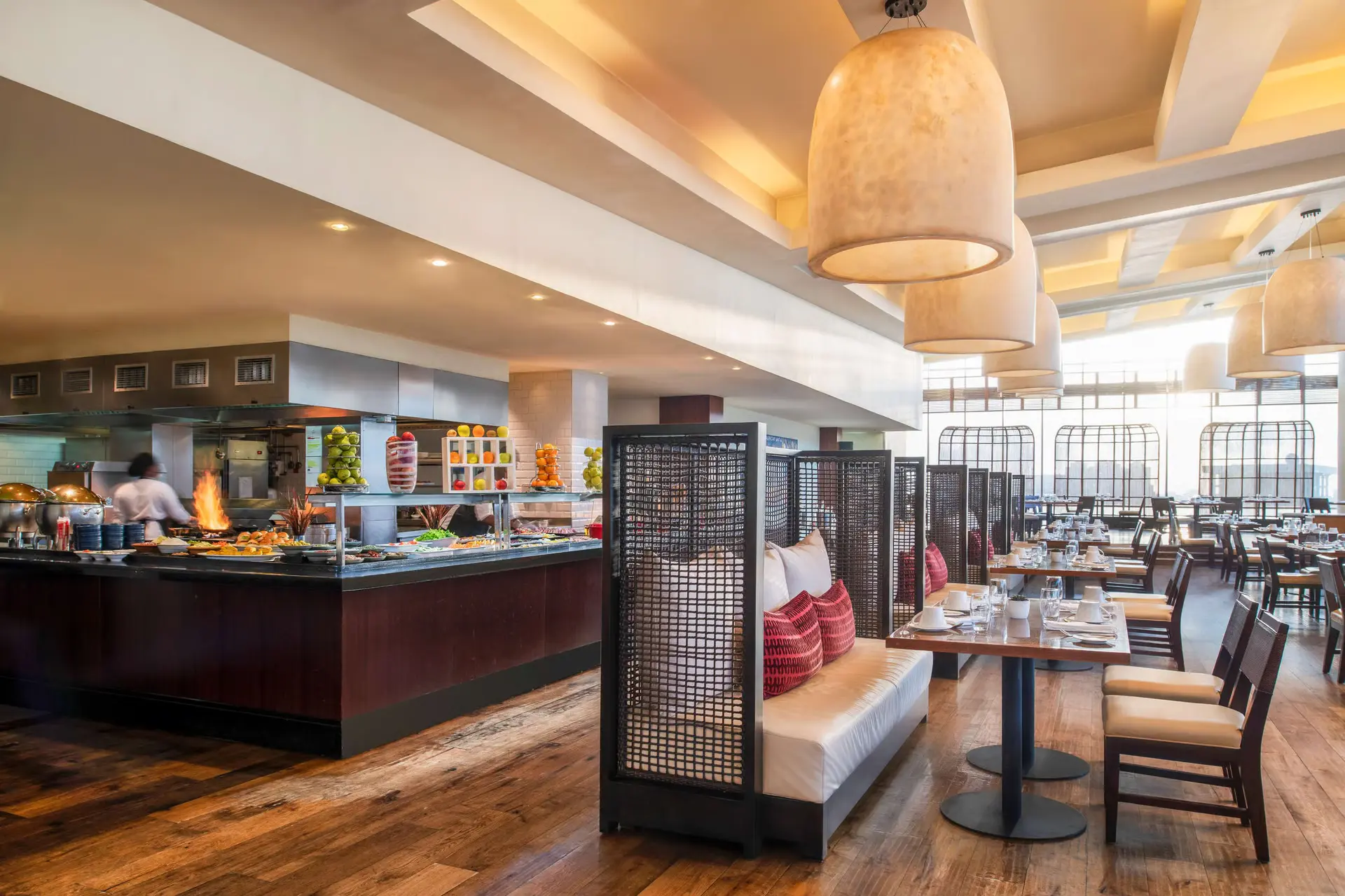 Bright hotel restaurant buffet and dining area for New Year's Day in Accra, Ghana